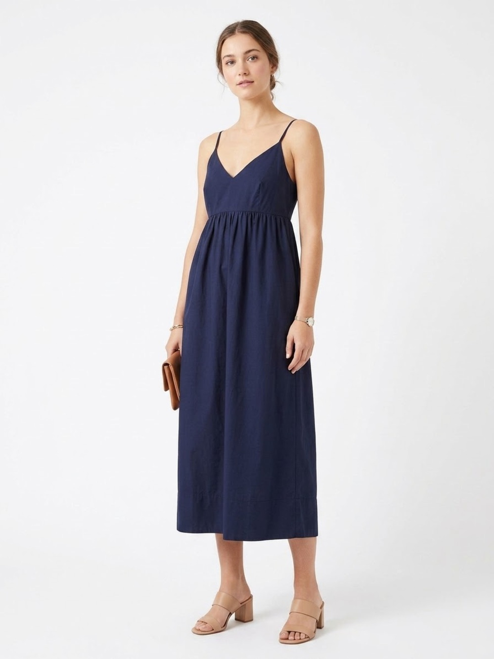 Quince Dark Navy Blue Spaghetti Strap V-Neck Empire Waist Midi Dress Small NWT